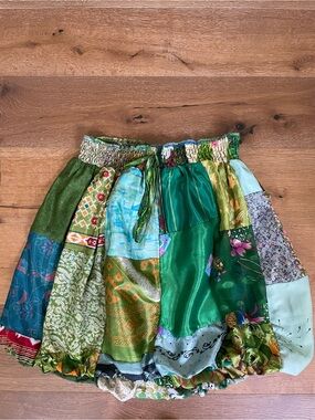 Patchwork Silk Reclaimed Saris Bubble Skirt in Green, Blue, Pink, Gold Sz L-XL